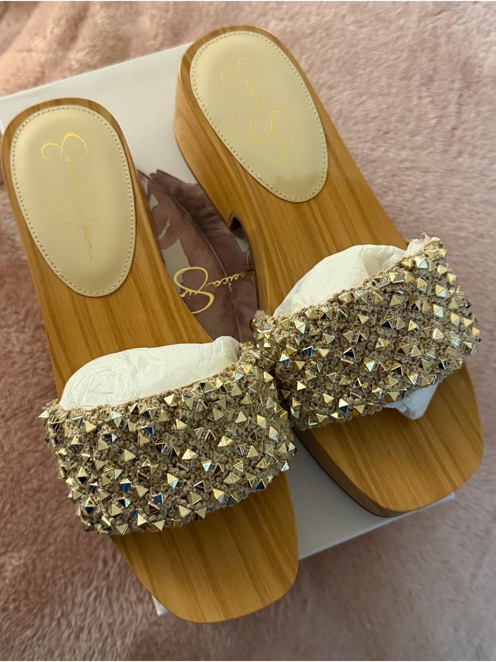 Jessica Simpson Metallic Gold Crystal Embellished Slide Mules